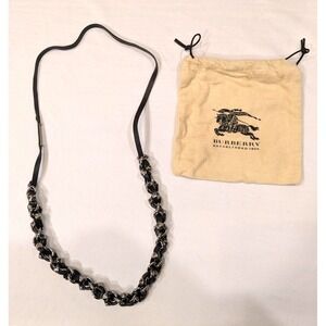 Rare Burberry Leather 16" L Pewter Chain Studded Woven Necklace Women Dust Bag